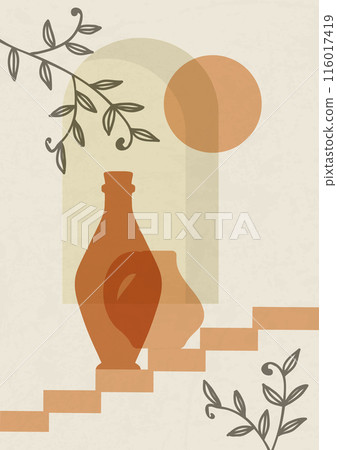 Pottery workshop drawing with vases and branches. Aesthetic 2d illustration with bottle and leaves 116017419