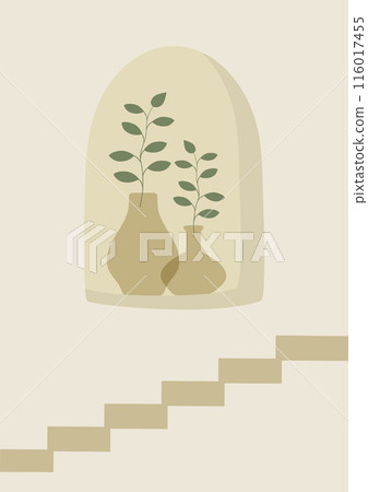 Art poster with vase interior design. Aesthetic cartoon home decor illustration. 116017455
