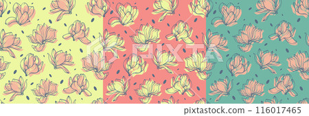 Blooming magnolia flower colorful pattern. Seamless 2d vector cartoon elements collection. Blooming background Blooming magnolia flower colorful pattern. Seamless 2d vector cartoon elements collection. Blooming background 116017465