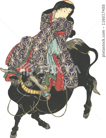Ukiyo-e illustration: Woman and cow Ukiyo-e illustration: Woman and cow 116017488