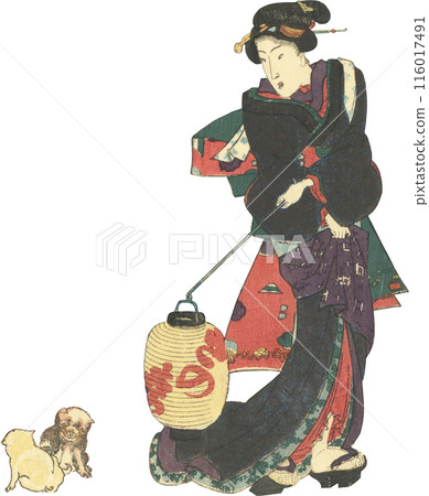 Ukiyo-e illustration: woman and dog Ukiyo-e illustration: woman and dog 116017491