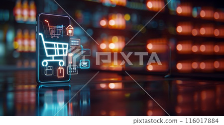 Cart and cyber retail. Mobile smartphone for e-business. Computer business technology. Internet shop and digital basket 116017884