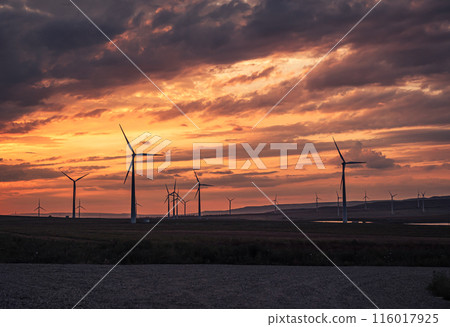 Multiple wind turbines silhouetted against a vibrant sunset sky. The turbines stand tall against the backdrop of orange and red clouds. Multiple wind turbines silhouetted against a vibrant sunset sky. The turbines stand tall against the backdrop of orange and red clouds. 116017925