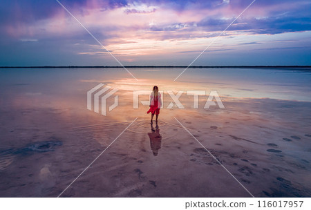 Aerial of a young woman in red dress walking in the water of a unique pink salt lake. Sunset at lake Bursol with beautiful reflections on calm water surface. Stunning scenery Aerial of a young woman in red dress walking in the water of a unique pink salt lake. Sunset at lake Bursol with beautiful reflections on calm water surface. Stunning scenery 116017957