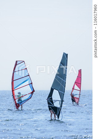 Windsurfing around the water in the refreshing breeze Windsurfing around the water in the refreshing breeze 116017960