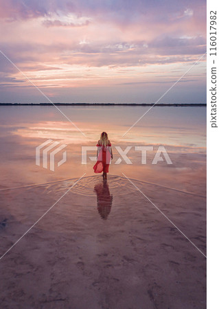 Aerial of a young woman in red dress walking in the water of a unique pink salt lake. Sunset at lake Bursol with beautiful reflections on calm water surface. Stunning scenery 116017982
