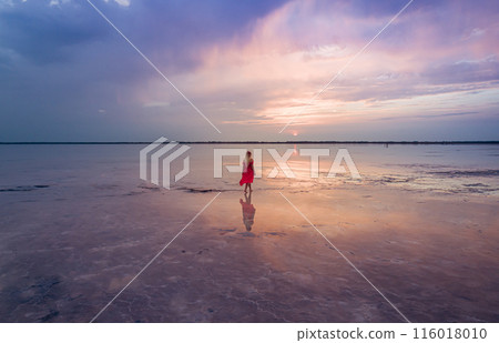 Aerial of a young woman in red dress walking in the water of a unique pink salt lake. Sunset at lake Bursol with beautiful reflections on calm water surface. Stunning scenery 116018010