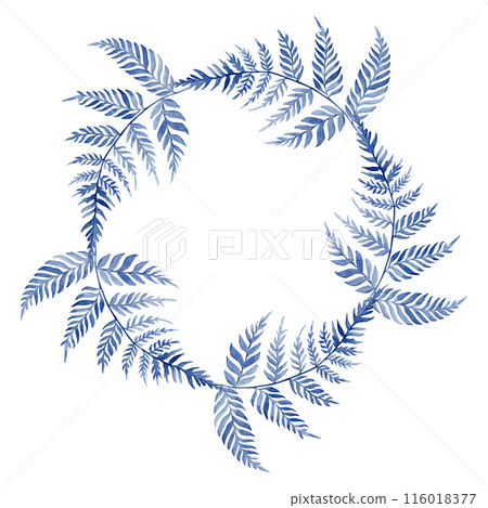 Circular frame with blue fern branches on the white background. Watercolor illustration 116018377
