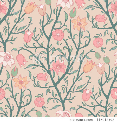 Seamless floral pattern with a light beige background. Stylized tulips flowers in soft pastel shades. Seamless floral pattern with a light beige background. Stylized tulips flowers in soft pastel shades. 116018392