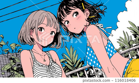 Female friends in bikinis having a conversation on the balcony of a hotel in Okinawa 116018406