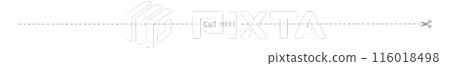 Cut here text and dotted line and scissors icon - A size vertical width ratio 116018498