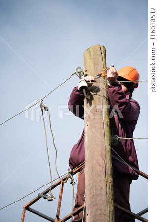 A male electrical worker repairs an electrical transmission line. 116018512