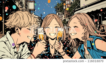 Young people toasting at an outdoor drinking party 116018870