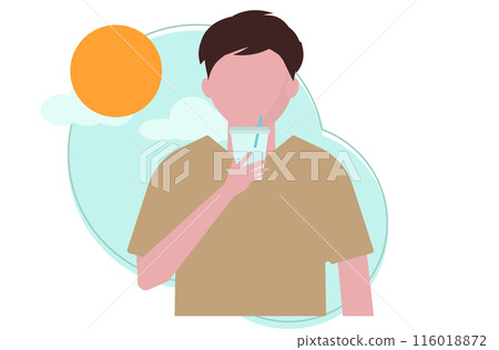 男人在夏天喝水是為了保持水分。外帶飲料。稻草。向量圖 男人在夏天喝水是為了保持水分。外帶飲料。稻草。向量圖 116018872