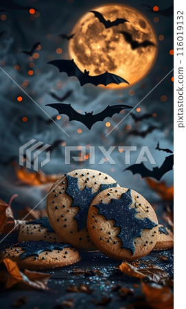 Bat Sugar Cookies Against Moonlit Sky with Flying Bats Overhead 116019132