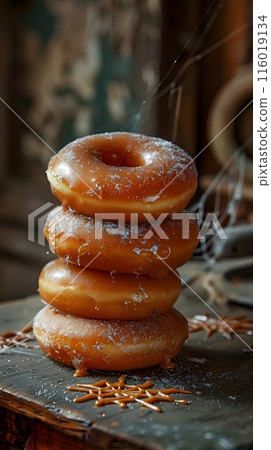 Caramel Cobweb Doughnuts Stacked on a Dusty Attic Backdrop with Spiderwebs 116019134