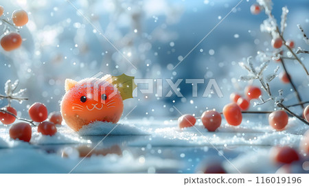 Adorable Kinako Mochi cat Ornament against Winter Wonderland Backdrop 116019196