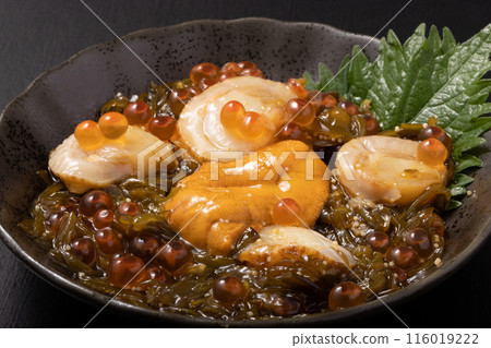 Pickled seafood (sea urchin, salmon roe, mekabu roe, scallops) 116019222