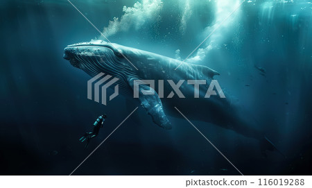 A blue whale swims underwater with a scuba diver near the surface. The concept of marine life, human exploration, and the majestic beauty of ocean giants. Generative AI. A blue whale swims underwater with a scuba diver near the surface. The concept of marine life, human exploration, and the majestic beauty of ocean giants. Generative AI. 116019288