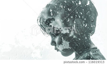AI-generated item. Double exposure portrait of a boy with raindrops on her face. 116019313