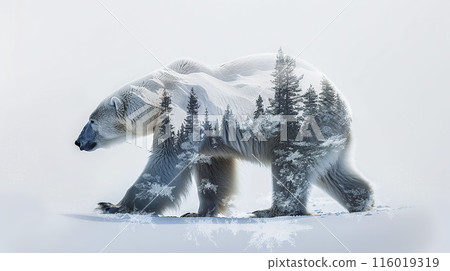 AI-generated item. Double exposure of polar bear and winter forest on white background. 116019319