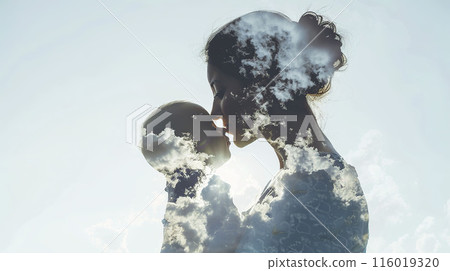 AI-generated item. Silhouette of mother and baby on clouds background. Double exposure. 116019320