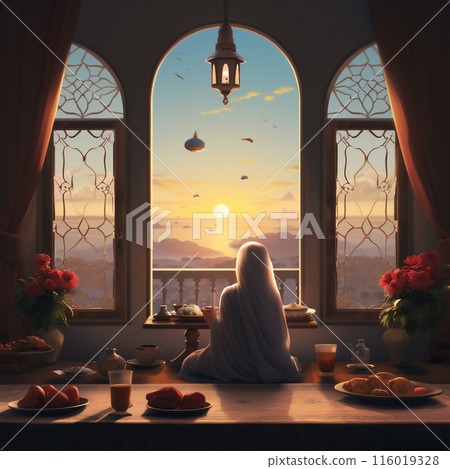 Muslim woman in hijab (Muslim scraft) sitting near the window 116019328