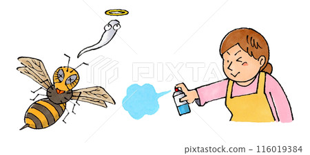A housewife uses insecticide on hornets 116019384
