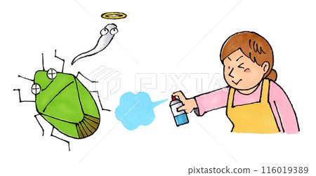 A housewife using insecticide on stink bugs A housewife using insecticide on stink bugs 116019389