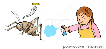 A housewife uses insecticide on a cockroach 116019390