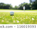 golf ball on green with background of golf player 116019393
