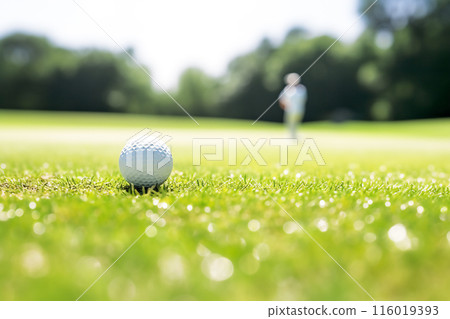 golf ball on green with background of golf player golf ball on green with background of golf player 116019393