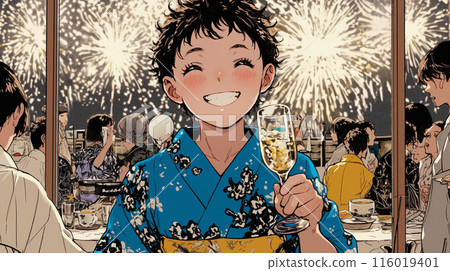 A boyish young woman wearing a yukata having a great time at a fireworks festival party A boyish young woman wearing a yukata having a great time at a fireworks festival party 116019401