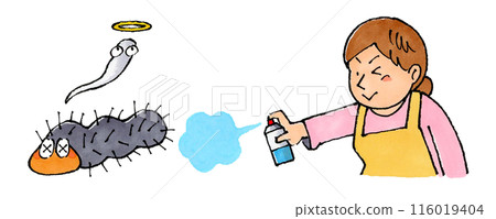 家庭主婦使用殺蟲劑消滅毛毛蟲 家庭主婦使用殺蟲劑消滅毛毛蟲 116019404