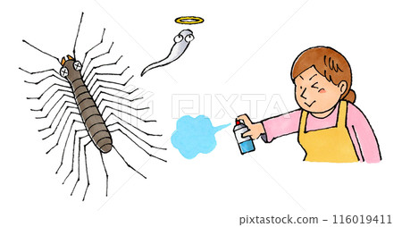 A housewife uses insecticide on a centipede A housewife uses insecticide on a centipede 116019411