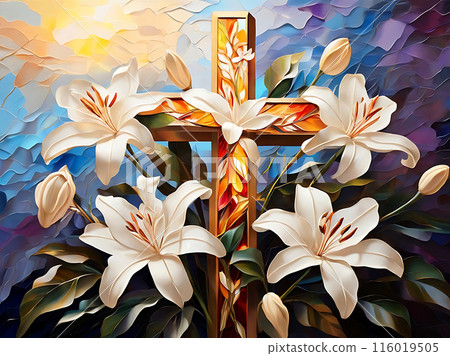 Cross with white lilies 116019505