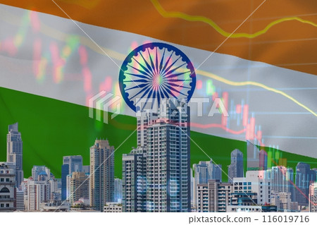growth and recession stock. Featuring a skyline of skyscrapers symbolizing Real estate development and economic challenges, with the Indian flag as the backdrop growth and recession stock. Featuring a skyline of skyscrapers symbolizing Real estate development and economic challenges, with the Indian flag as the backdrop 116019716