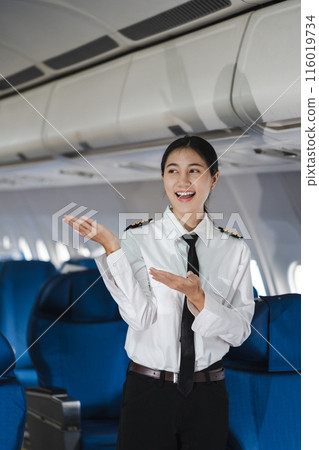 Successful trained airplane captain pilot preparing for flight at Airport. 116019734