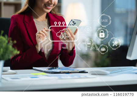 Hand touching Secure Access Service Edge icon on smartphone virtual screen background, password, network, framework and support technology in office. SASE secure access service edge concept. Hand touching Secure Access Service Edge icon on smartphone virtual screen background, password, network, framework and support technology in office. SASE secure access service edge concept. 116019770