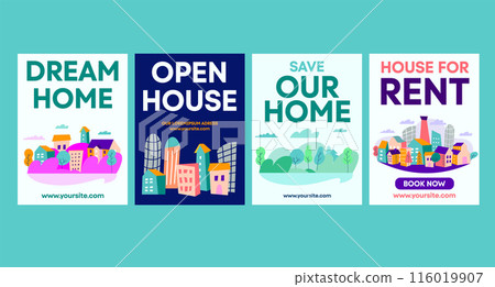 Colorful illustrated poster set with cute little buildings with text Save Our Home, Open House 116019907