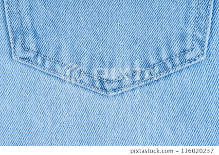 Fragment of back side pocket on blue jeans pants macro, close up Fragment of back side pocket on blue jeans pants macro, close up 116020237