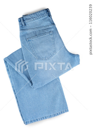 Back side of folded blue jeans with pocket isolated, cut out on white background 116020239