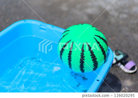 Summer fun, a refreshing moment with watermelon balls floating in the pool Summer fun, a refreshing moment with watermelon balls floating in the pool 116020295