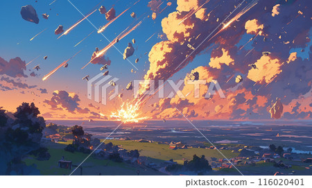 Illustration: A meteorite falls to the ground and scatters Illustration: A meteorite falls to the ground and scatters 116020401