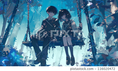 Anime boy and girl sitting on swing park background Anime boy and girl sitting on swing park background 116020472