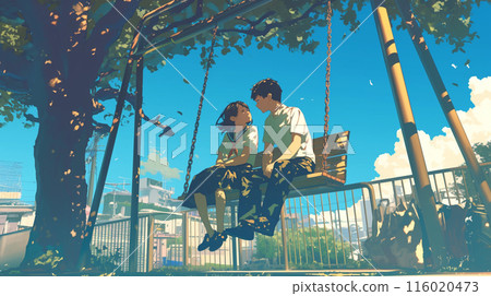 Anime boy and girl sitting on swing park background Anime boy and girl sitting on swing park background 116020473