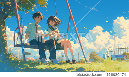 Anime boy and girl sitting on swing park background Anime boy and girl sitting on swing park background 116020474