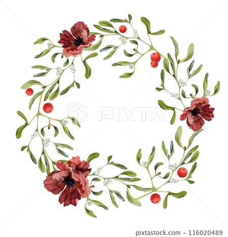 Mistletoe branches leaves berries, poppy anemone flower. Watercolor hand drawn illustration, wreath frame isolated on white. Xmas, happy new year festive, noel navidad. Print paper, textile fabric Mistletoe branches leaves berries, poppy anemone flower. Watercolor hand drawn illustration, wreath frame isolated on white. Xmas, happy new year festive, noel navidad. Print paper, textile fabric 116020489