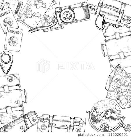 Old vintage suitcases, photo camera, map, flask. globe passport id, ticket card pass. Vector ink hand drawn illustration. Square frame. Design tourism, travel brochure, booklet, wedding guide, print. 116020491