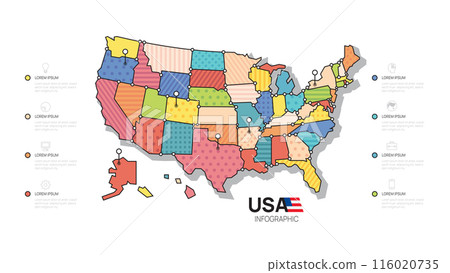 United States of America vector map template with infographic elements, pointer marks. 116020735
